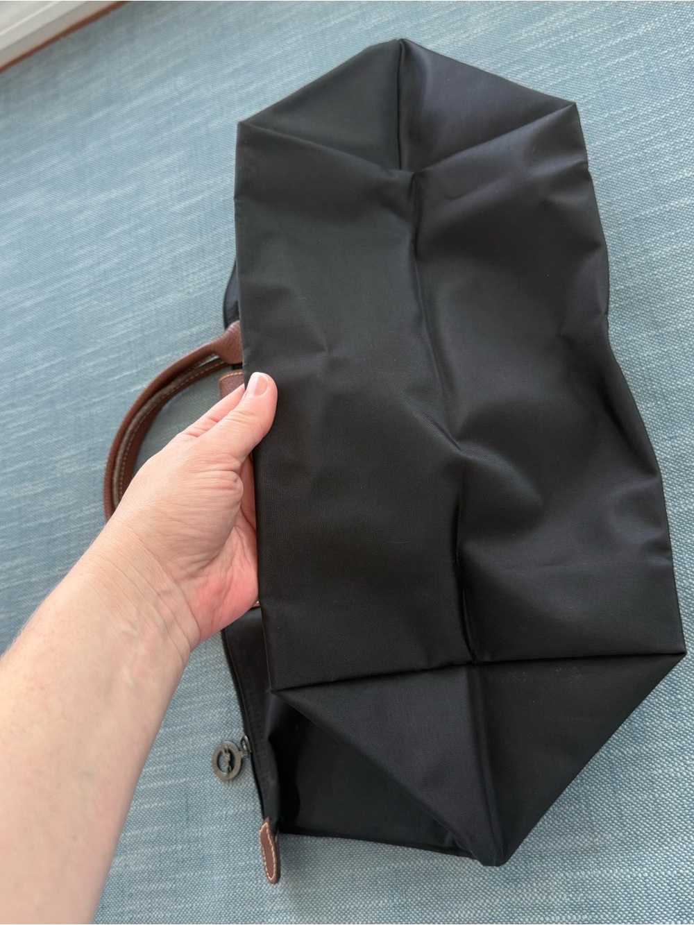 Longchamp Le Pliage Original Medium Tote Black Nylon Brown Leat - Picture 3 of 9